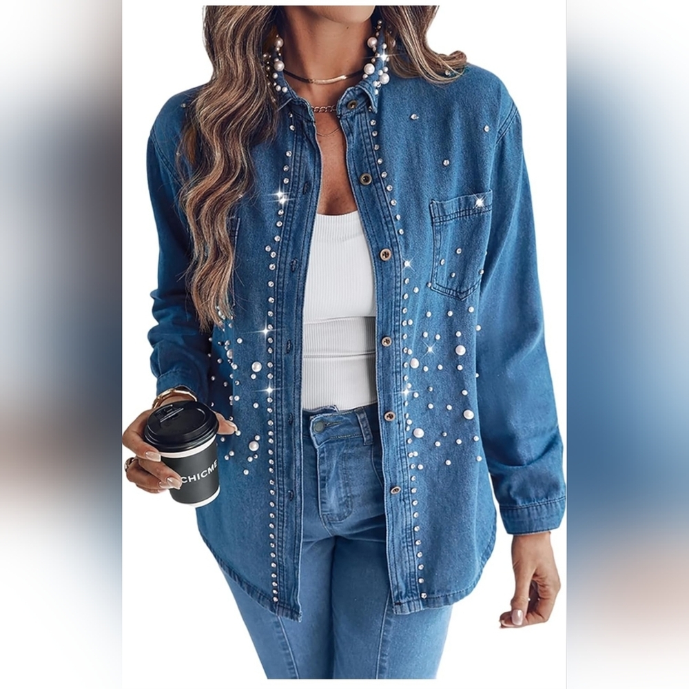 Embellished Denim Shirt Jacket in Medium Blue.   Size L.    W-6